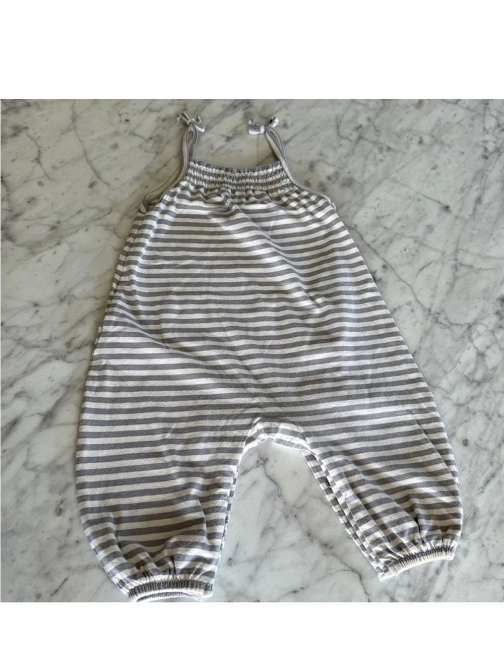 Quincy Mae Gray and White Striped Baby One-Piece Romper
